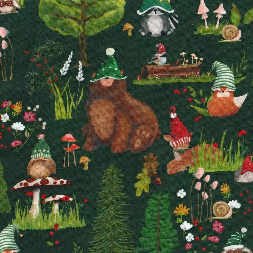  gnomeland critters in green - designer cotton fabric